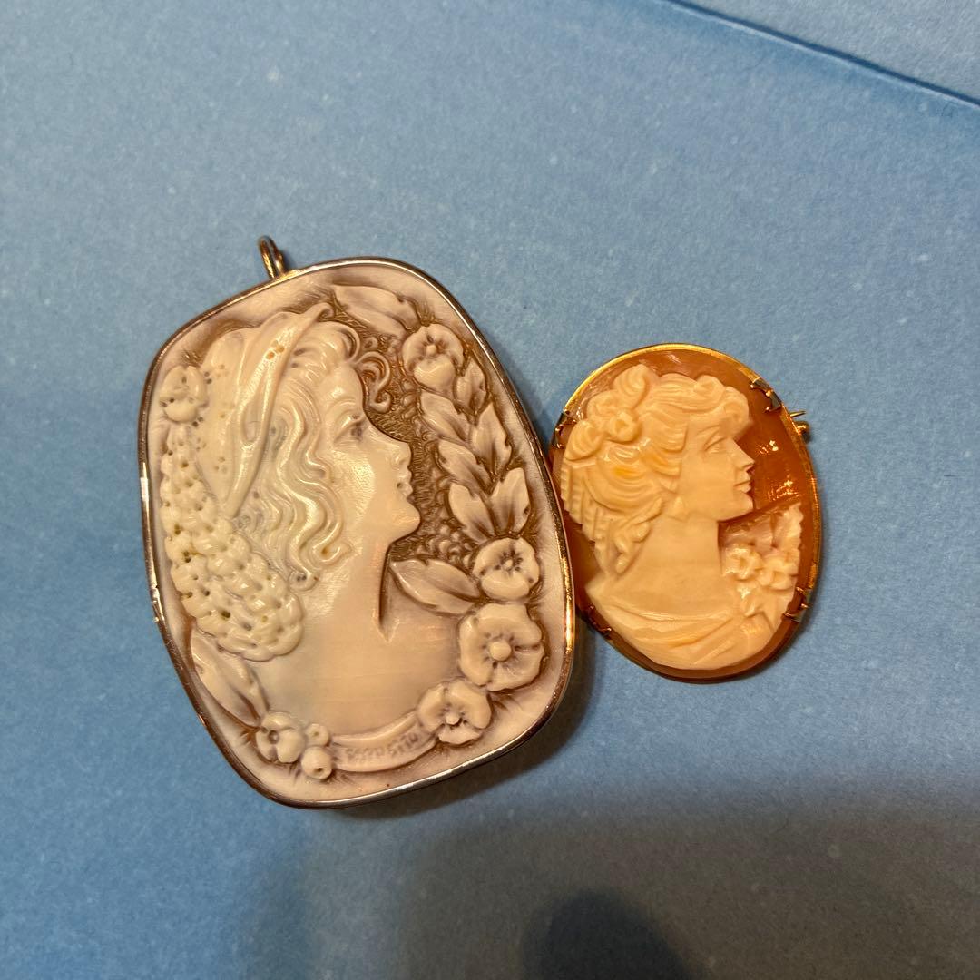 カメオ ブローチ 女性の横顔 花