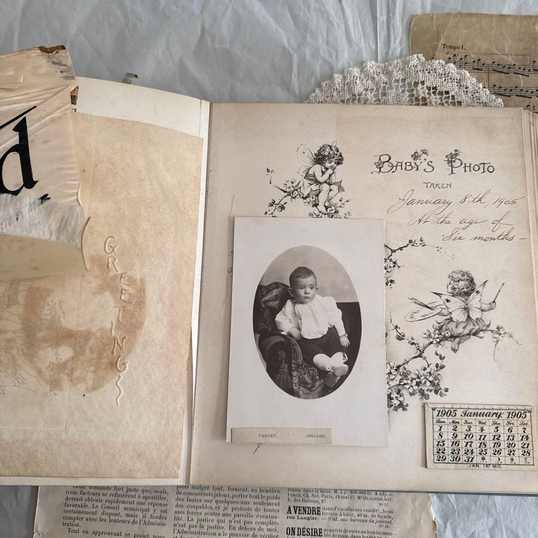 稀少1904年美しいアンティーク雑記帳ベビーアルバム洋書ジャンクジャーナル素材