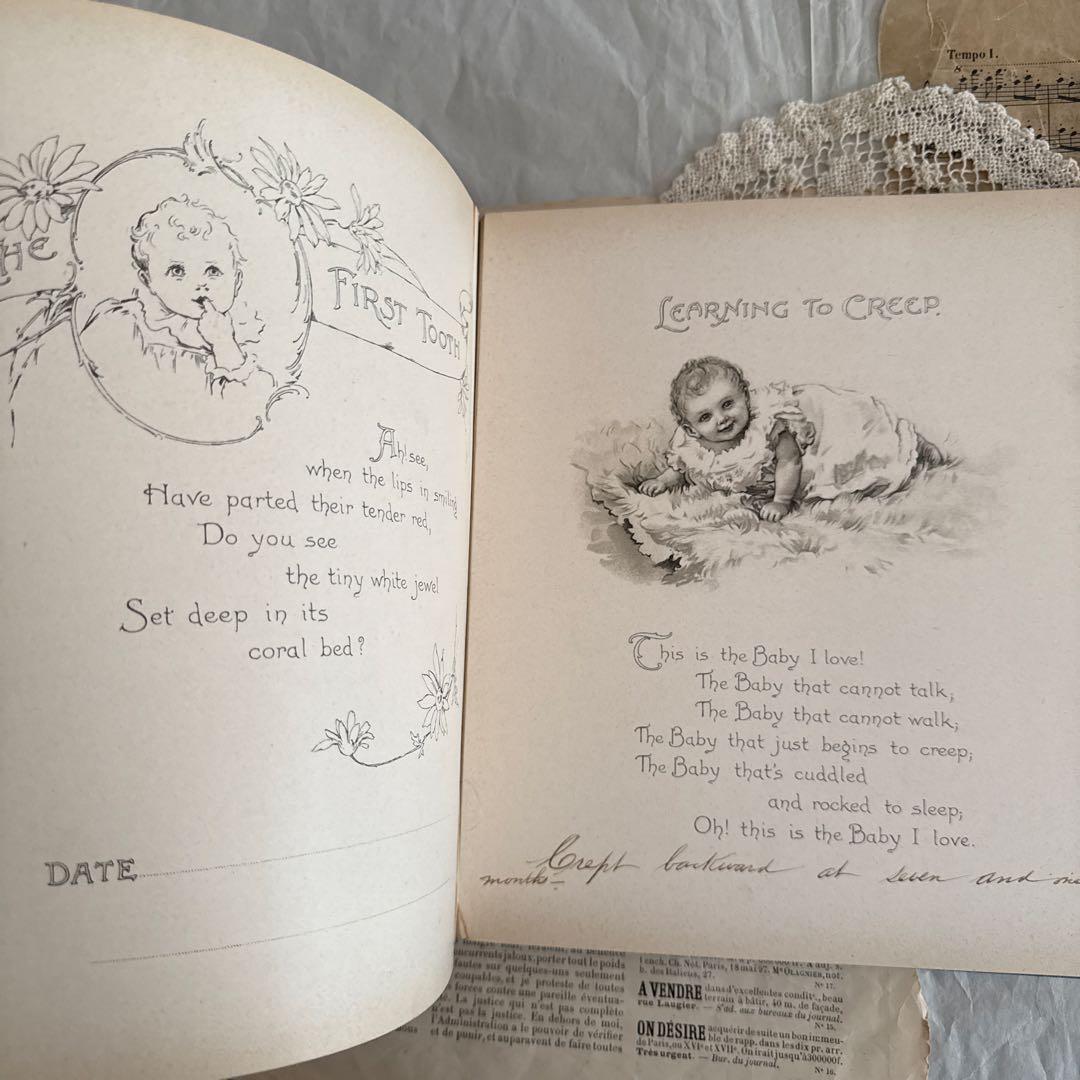 稀少1904年美しいアンティーク雑記帳ベビーアルバム洋書ジャンクジャーナル素材