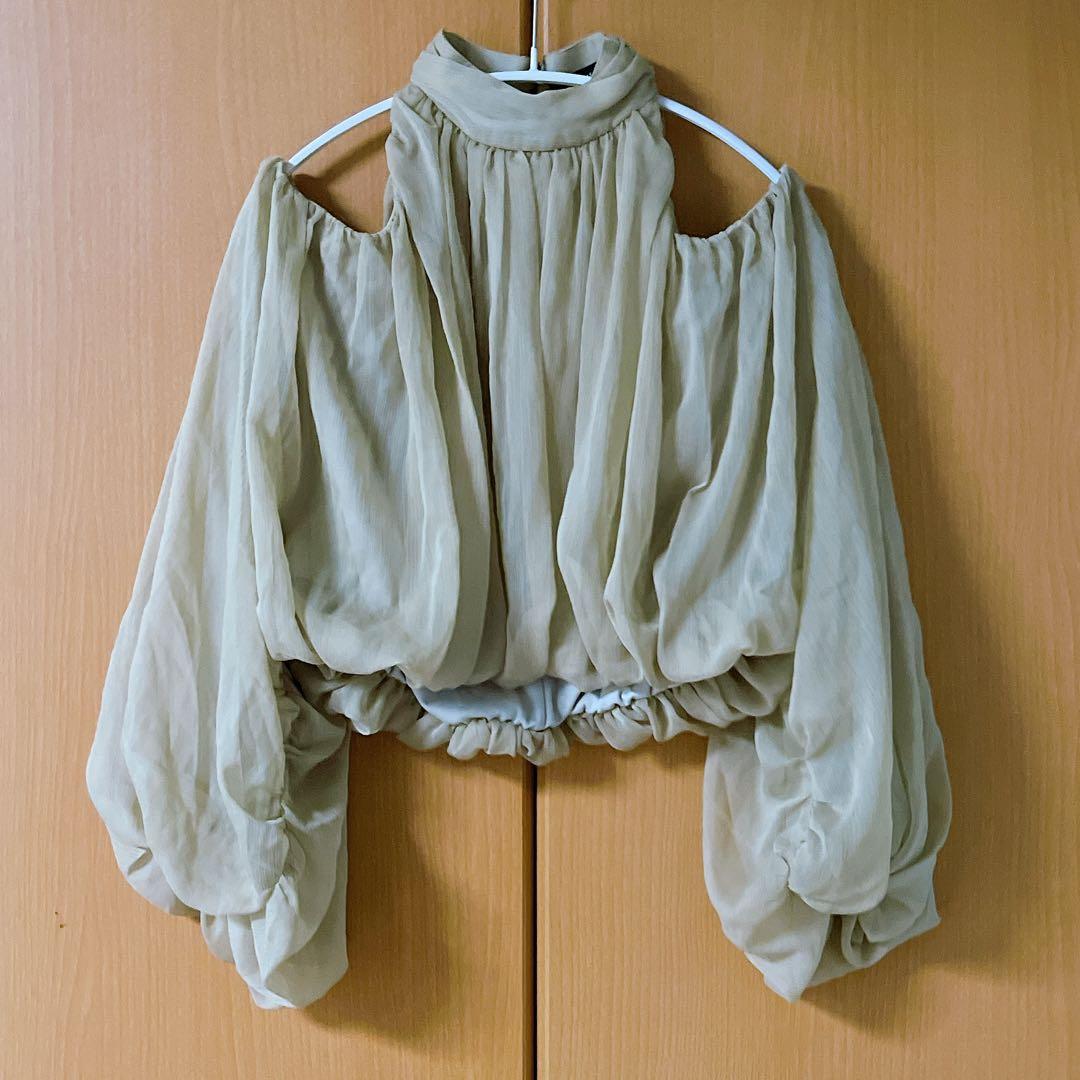 【美品】シフォンボリュームブラウス セージグリーン アニュアンス