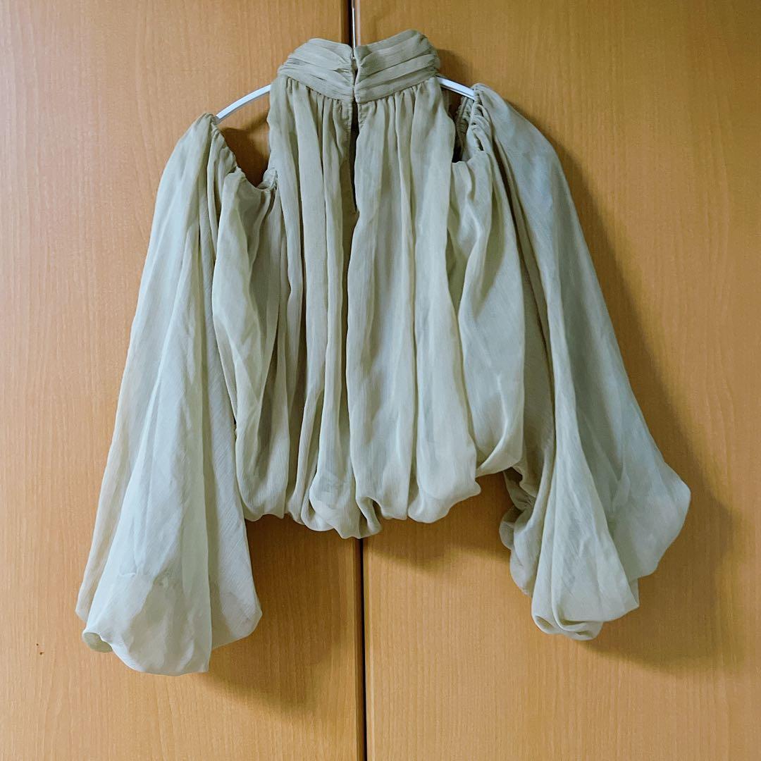 【美品】シフォンボリュームブラウス セージグリーン アニュアンス