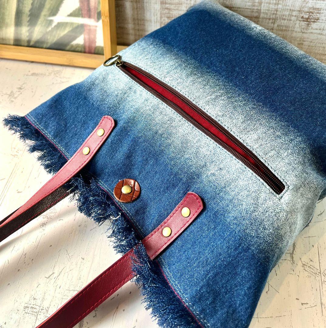 ロラライハリス♡ブルーグラデデニム♡刺繍の本革持ち手のフリンジ肩掛けバッグ