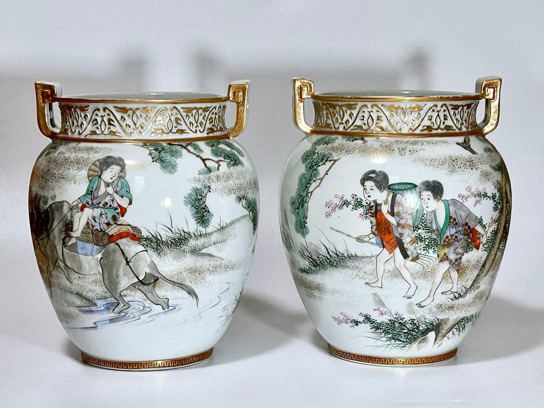 初代川本桝吉 安井如苞画 大日本七宝会社販売 牧童図花瓶一対 明治 瀬戸焼 瀬戸