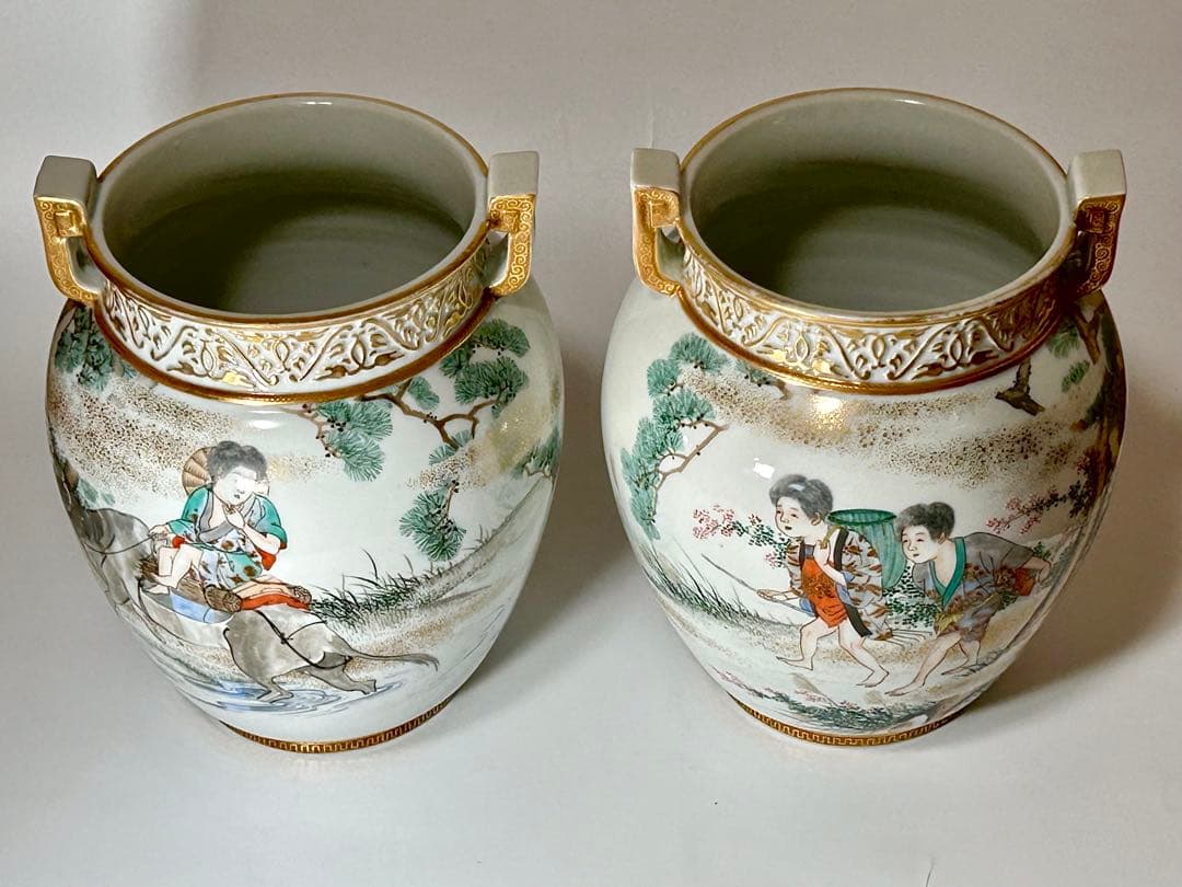 初代川本桝吉 安井如苞画 大日本七宝会社販売 牧童図花瓶一対 明治 瀬戸焼 瀬戸