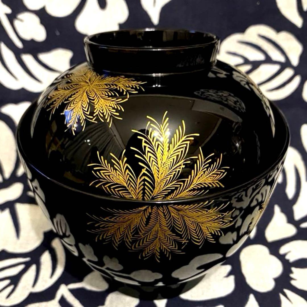 輪島塗　忍紋沈金　木製吸物椀　五客組　共箱有り　高級漆器　羊歯紋　雑煮椀・煮物椀