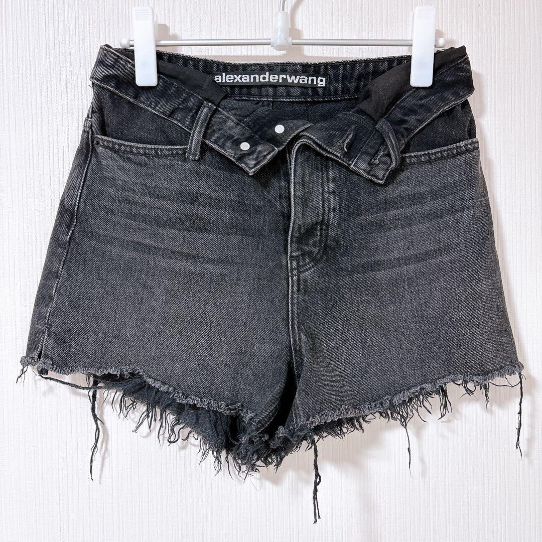 アレキサンダーワン　ロゴ　ダメージ　デニム　ショートパンツ　変形　ブラック　黒
