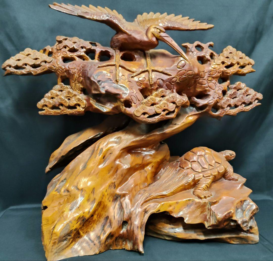 木彫り 鶴と亀の置物 鶴亀 縁起物 和風彫刻