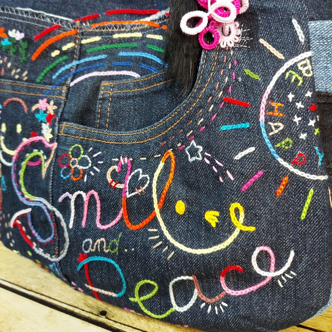 刺繍デニムバック　No.638　デニムリメイク　チューリップバック　刺繍バック