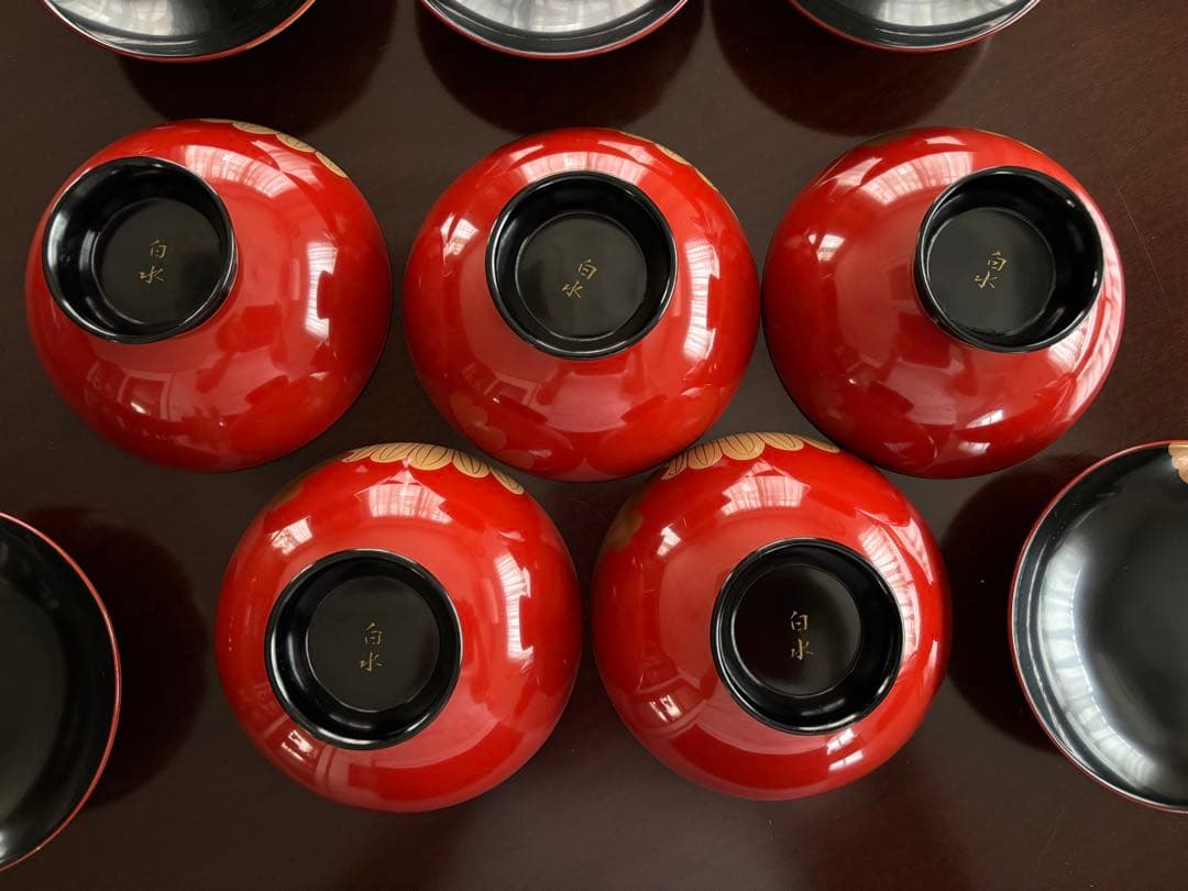 輪島塗 白水 菊紋様塗り椀 5客 アンティーク