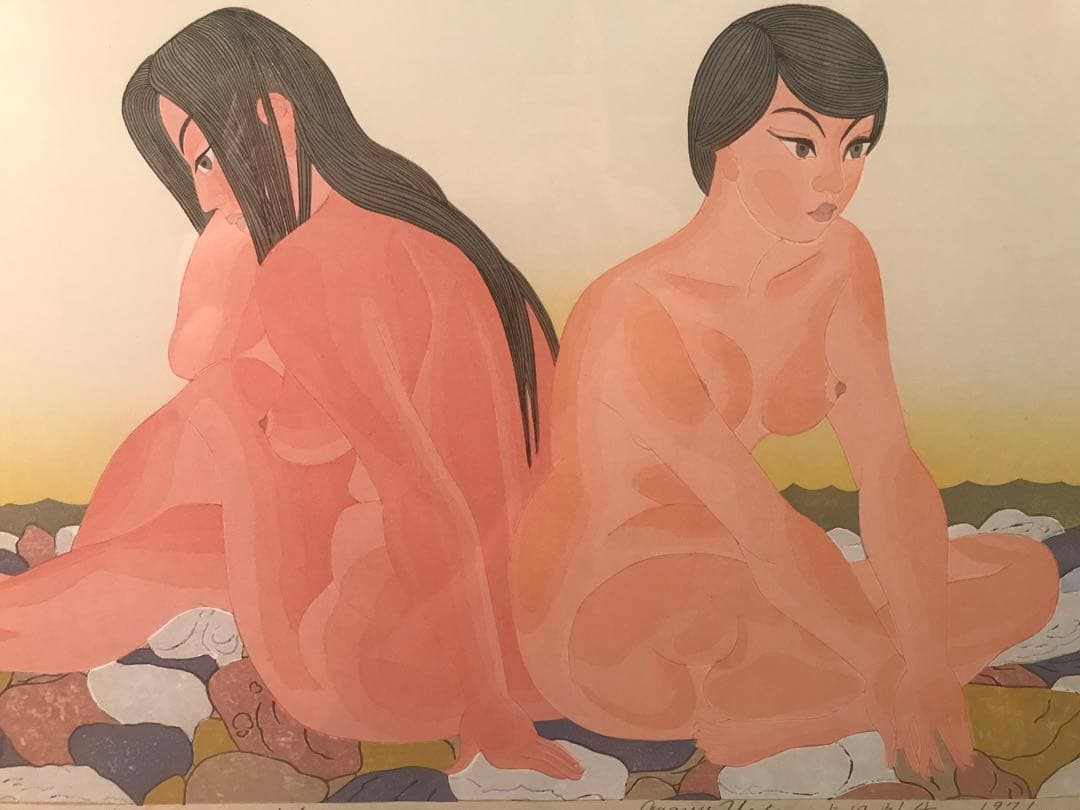 ジャス子さま専用　上田臥牛　「海女母娘」　木版画　直筆サイン・エディション有り