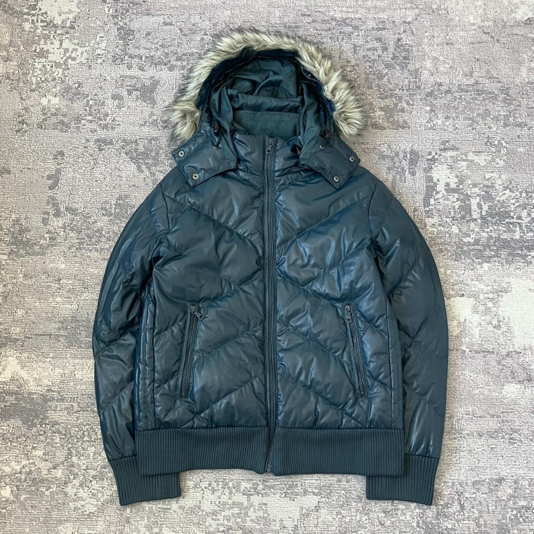 【Y2K】オールドユニクロ ダウンジャケット フェイクレザー 光沢 ファー 紺