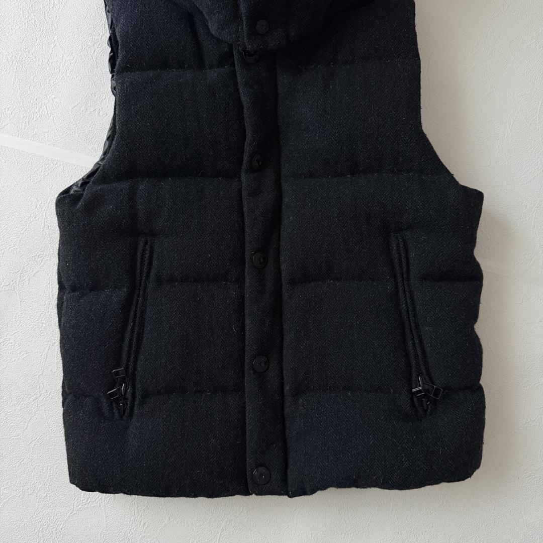 ナノユニバース 西川 ダウンベスト L フード ストライプ ブラック ウール