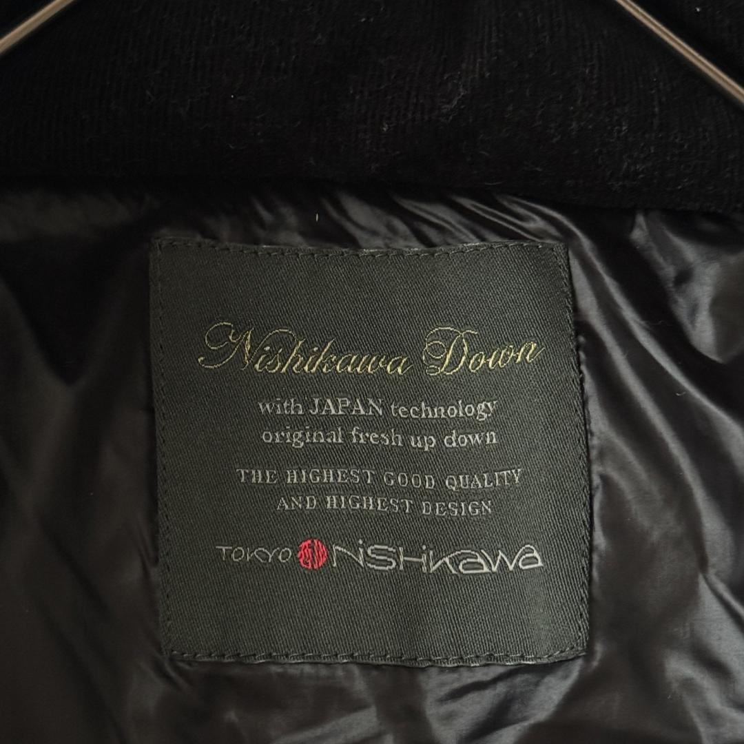 ナノユニバース 西川 ダウンベスト L フード ストライプ ブラック ウール