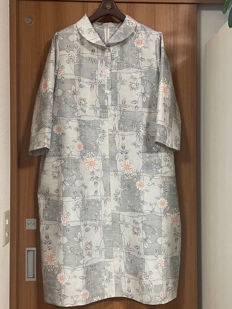 着物リメイク☆458大島紬コクーンチュニックワンピース／サイズL～LL