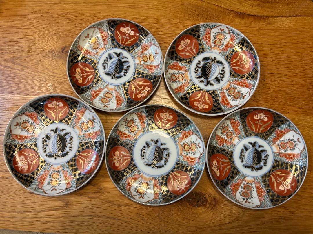 桃小菊杜若赤絵金彩中皿　5枚セット　アンティーク　角冨　伊万里焼