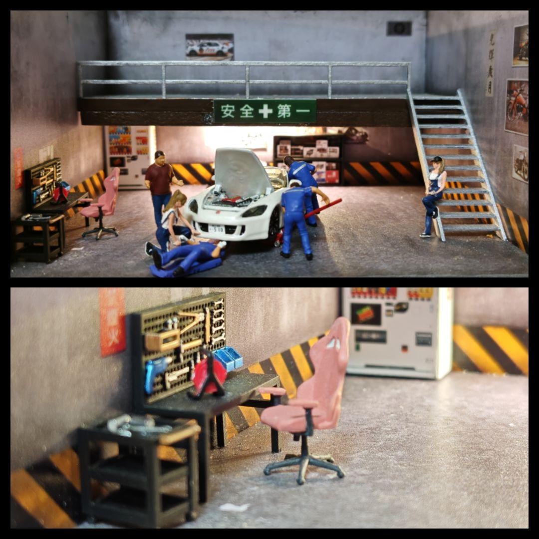 1/64 ジオラマ修理工場、ジオラマ風景、フィギュア付きLED照明