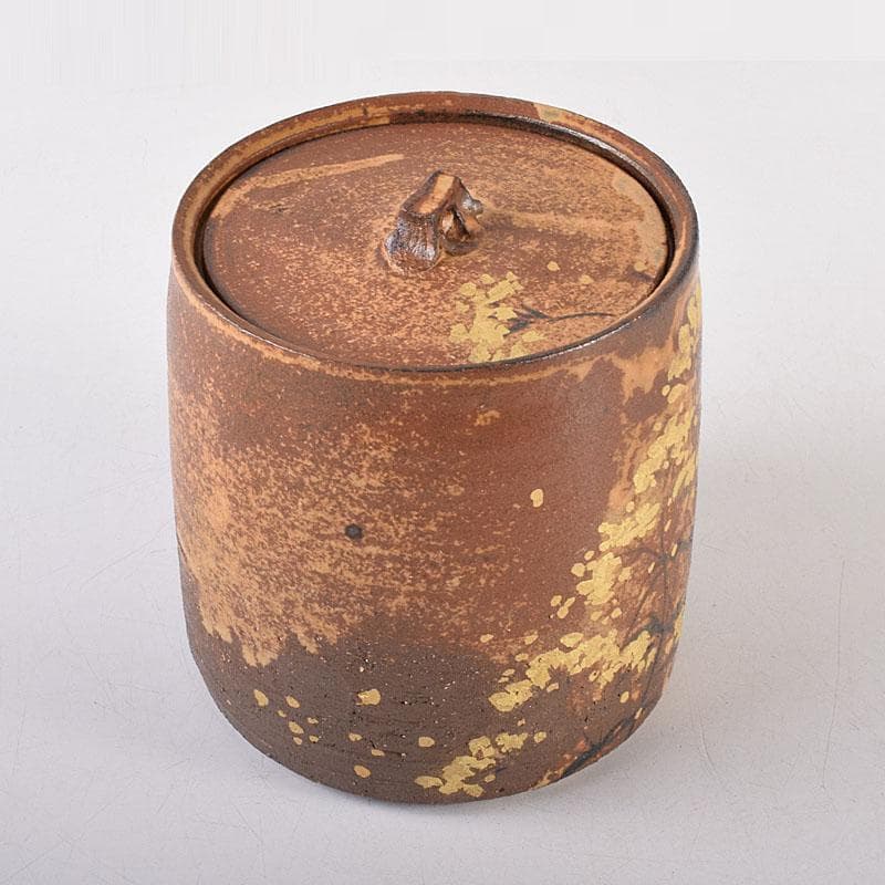 TM 益子焼　吉川水城作　金彩草文水指　共箱　C　7968