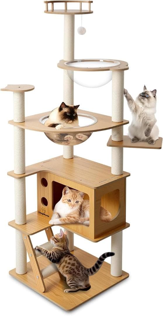 CozyMeow キャットタワー 木製 スリム 宇宙船 据え置き (165cm)