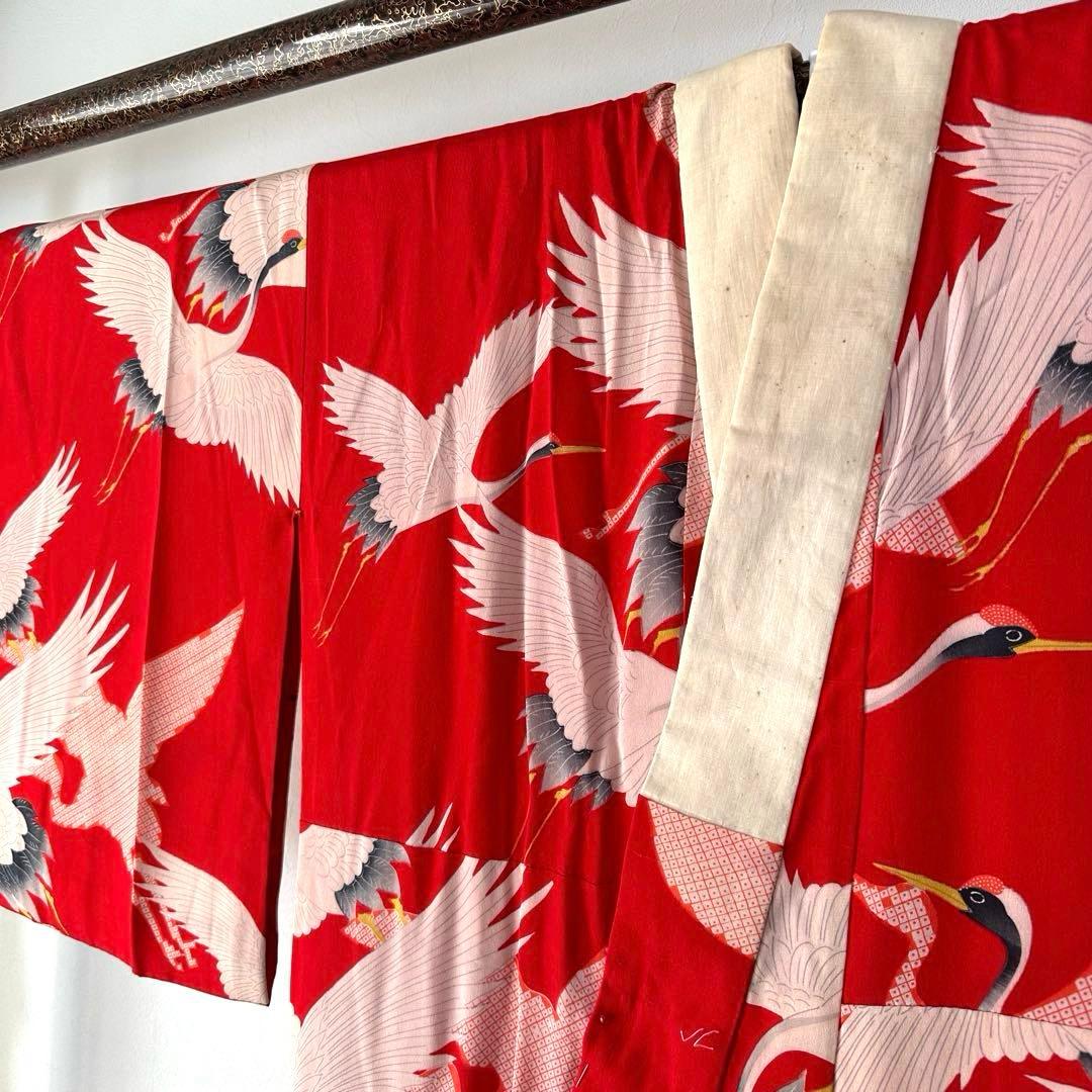 美品　正絹　長襦袢　着物　赤　鶴　124cm アンティーク　ヴィンテージ　レトロ