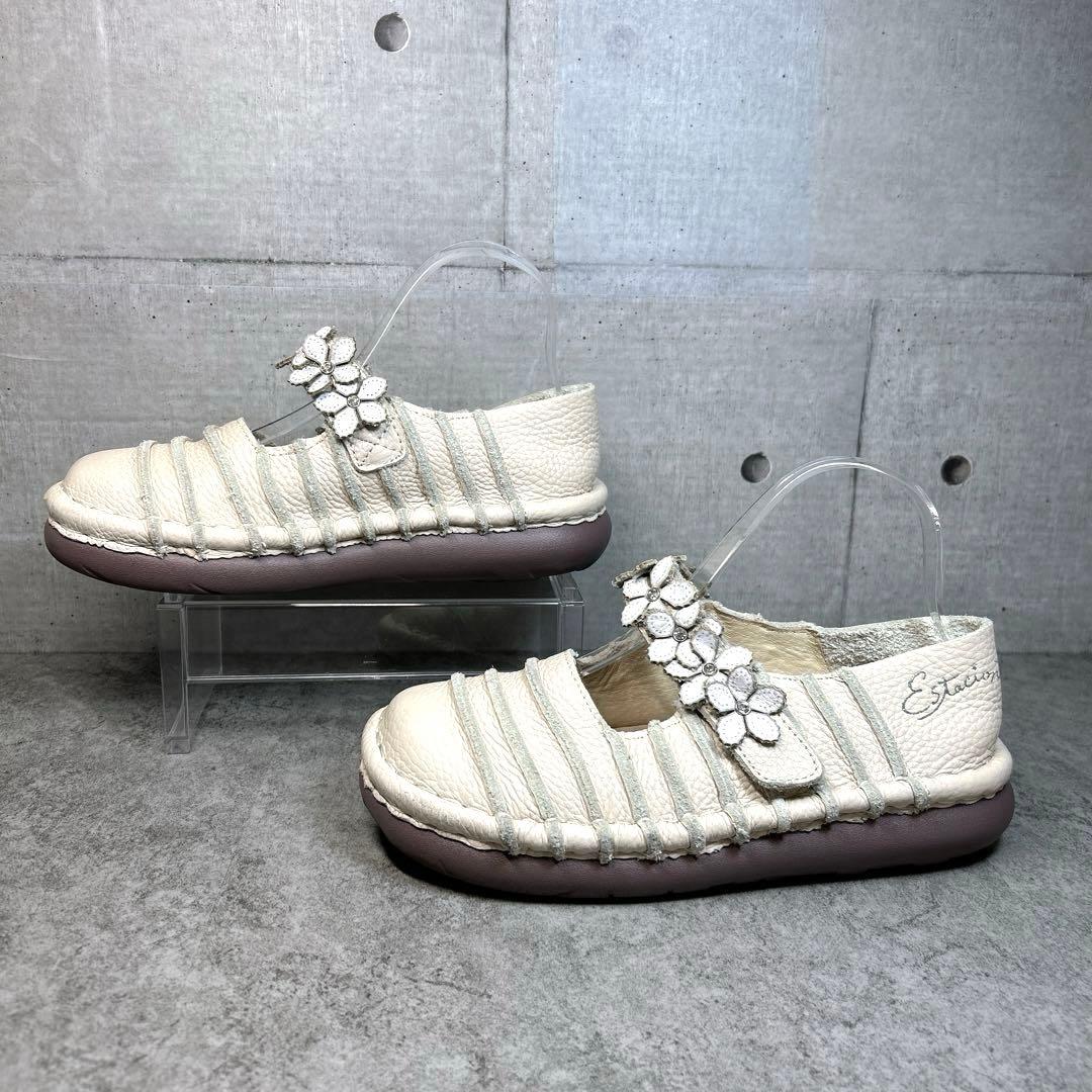 極美品【エスタシオン】お花 レザーメリージェーン/厚底/フラワー/ビジュー/幅広