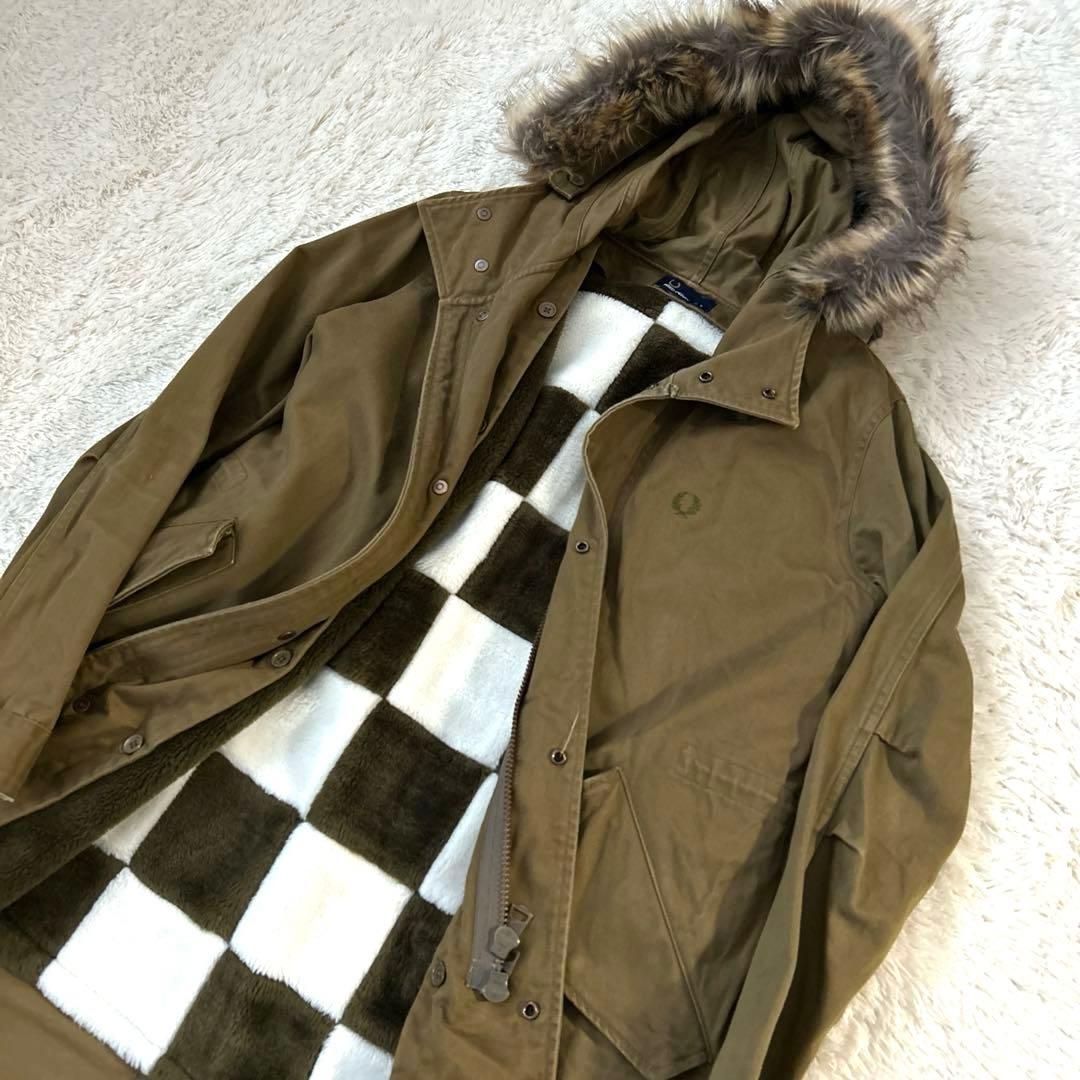 フレッドペリー モッズコート ブロックチェックボアライナー付き カーキ　S