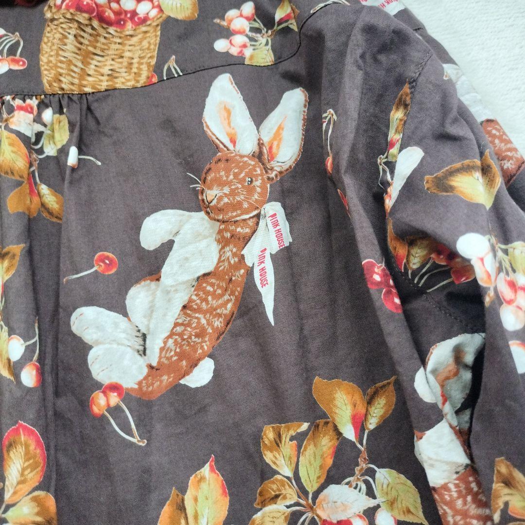 美品オータムチェリーとうさぎプリント×ローンチュニックブラウスブラウン 2021