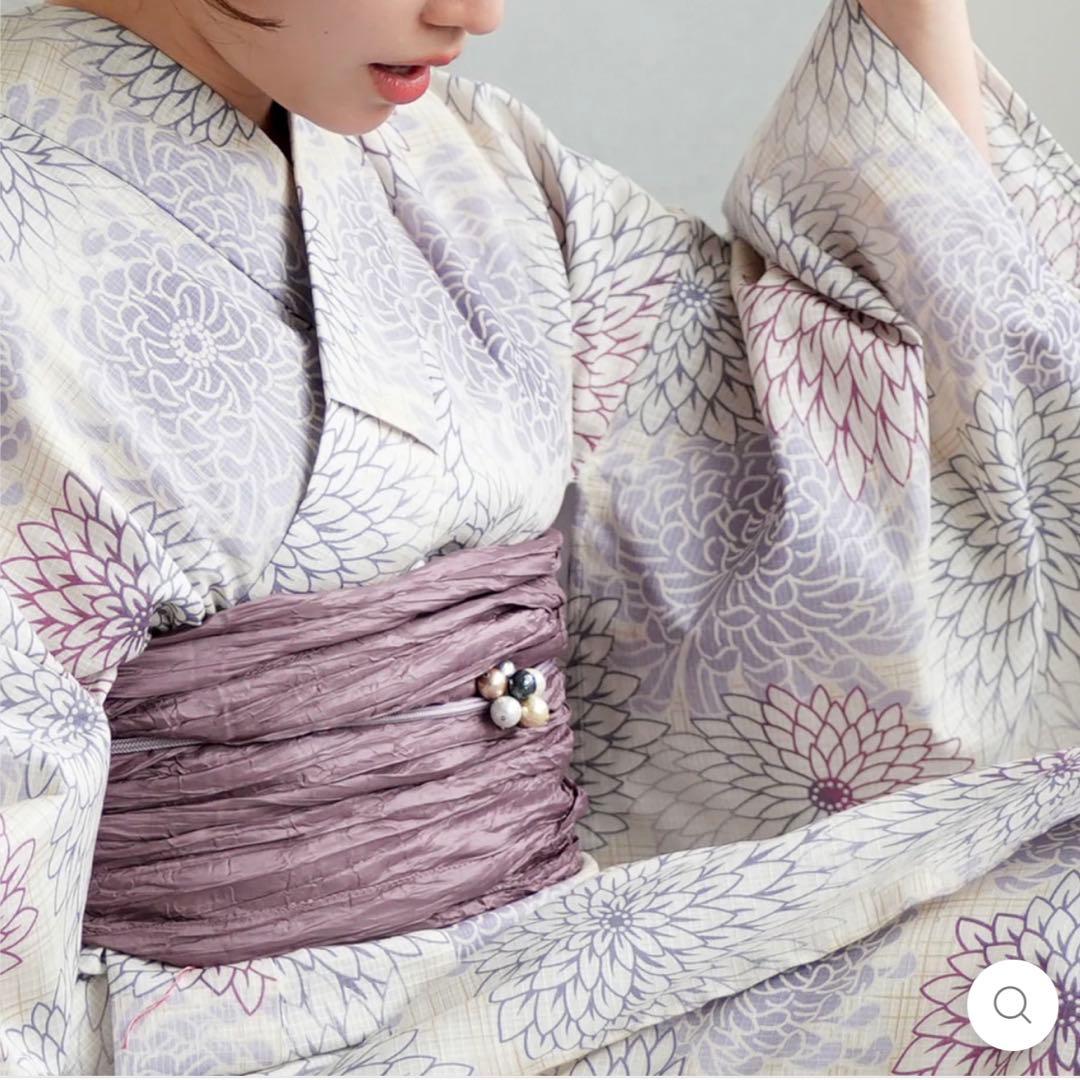 utatane ゆかた 先染め風ベージュに涼しげ糸菊　➕ 帯(ホワイト)