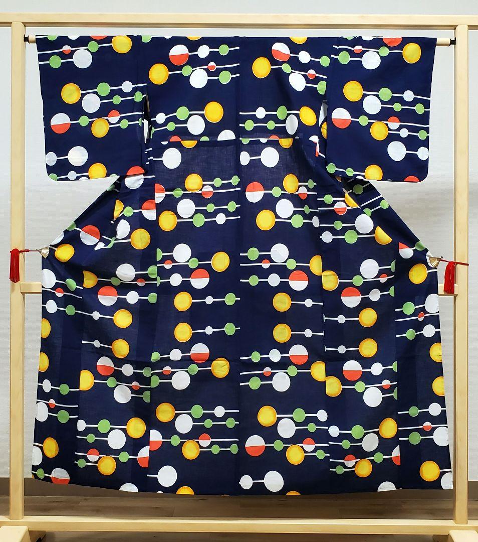 A 美品 浴衣 水玉模様 紺色 マルチカラー 綿 夏物 着物