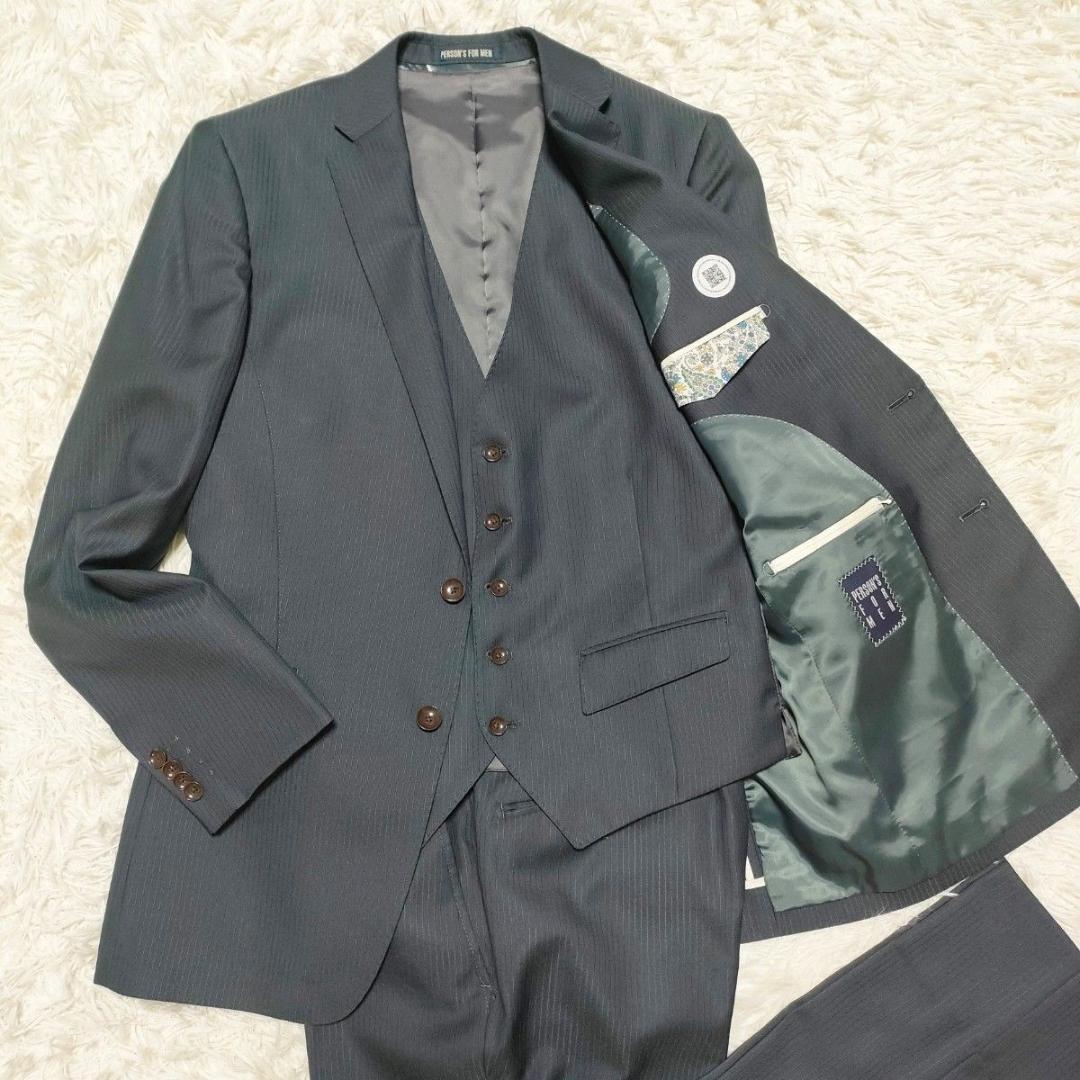 パーソンズ　光沢感　3ピース　スーツ　シングル　2B　背抜き　グレー　メンズ