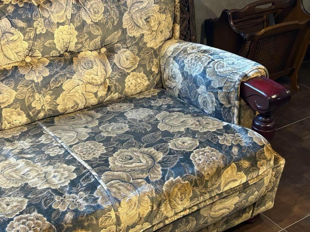 希少　金華山織　ベロア生地　ヴィンテージ　3Pソファ　アンティーク　レトロ　IZ