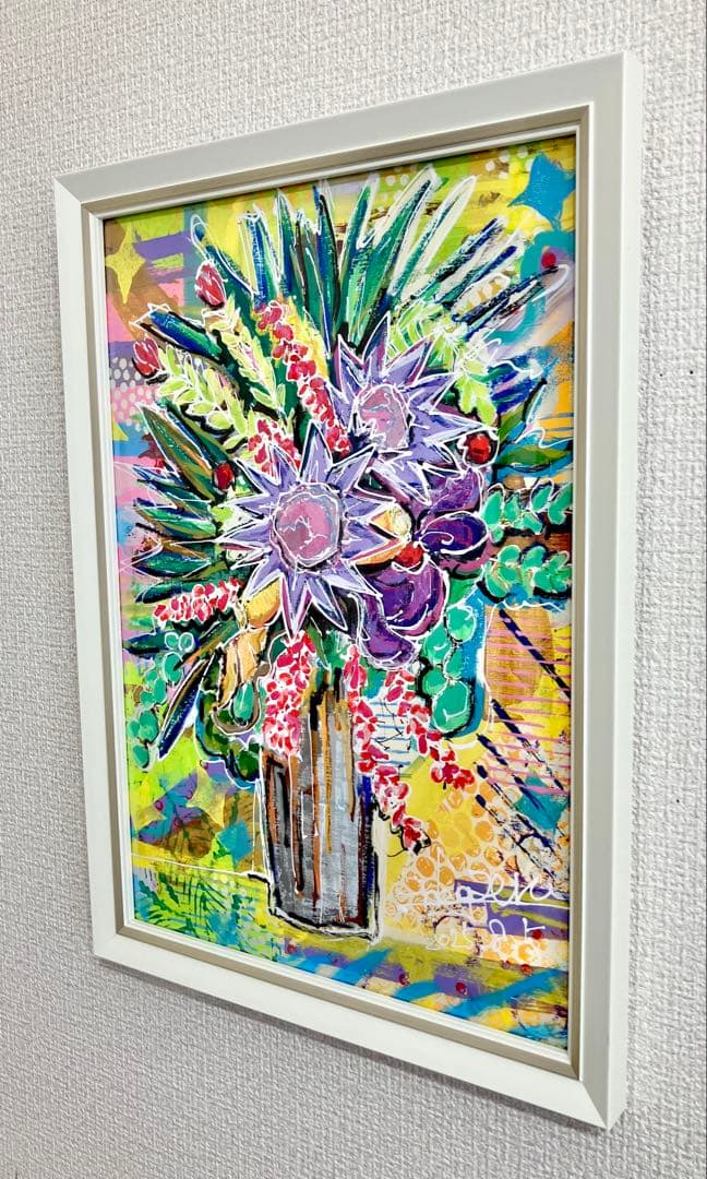 原画　花　額付き　静物画　絵画　アクリル画　現代アート　手描き　一点物