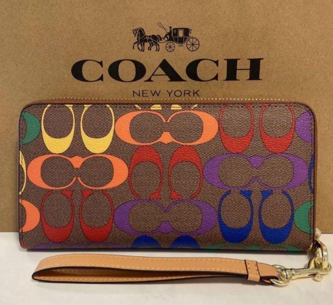 COACH長財布レインボーマルチカラーシグネチャーメンズレディース.ストラップ付