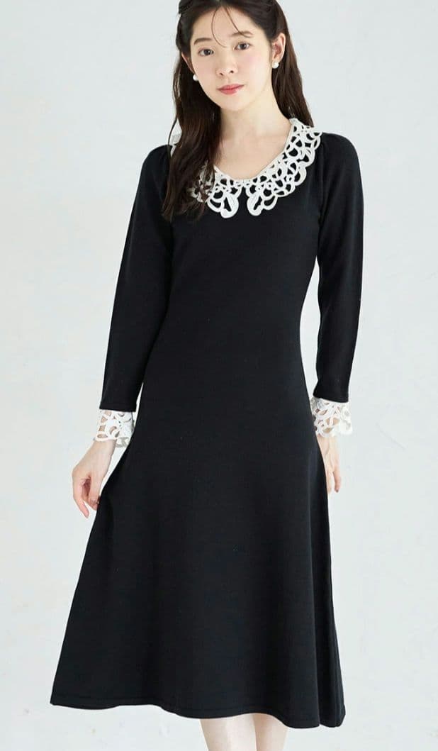 ２ＷＡＹレース襟付きニットワンピース　ブラック