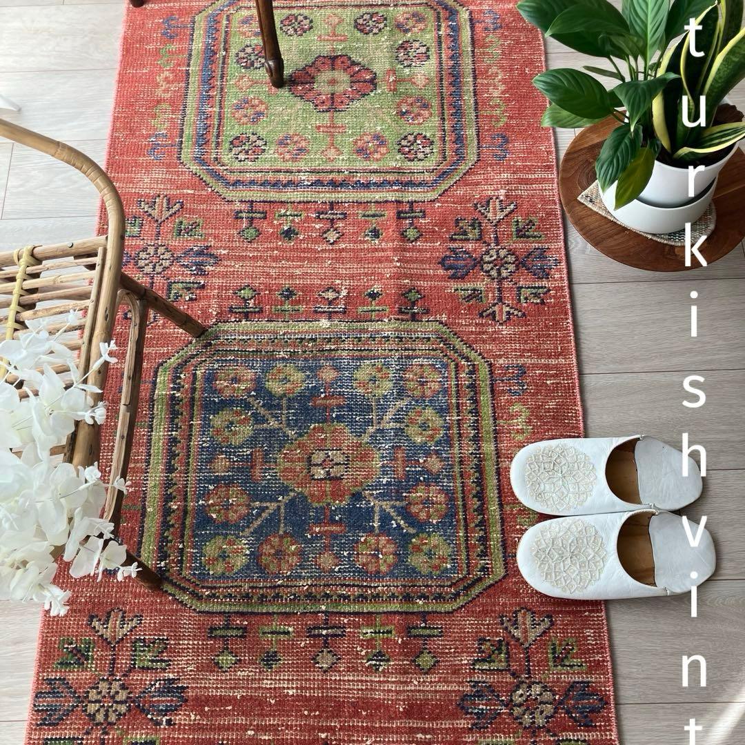 オレンジ3Box ブルー73×184 グリーン　魔除けD トルコヴィンテージラグ