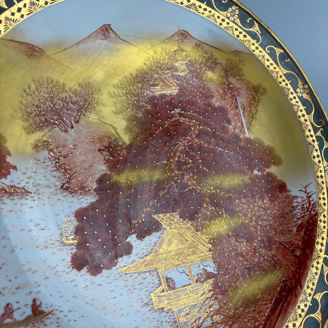 九谷製 石盛堂 青粒 金彩 色絵 皿　楼閣 山水図 飾皿 金襴手 細密画