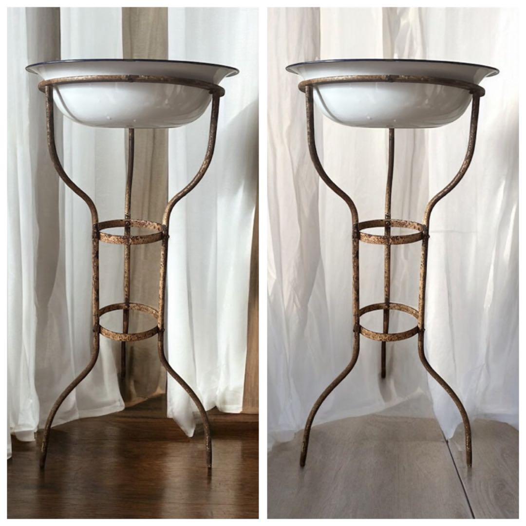 アンティーク ホーロー 洗面台　エナメルボウル 付き　三脚スタンド　琺瑯スタンド