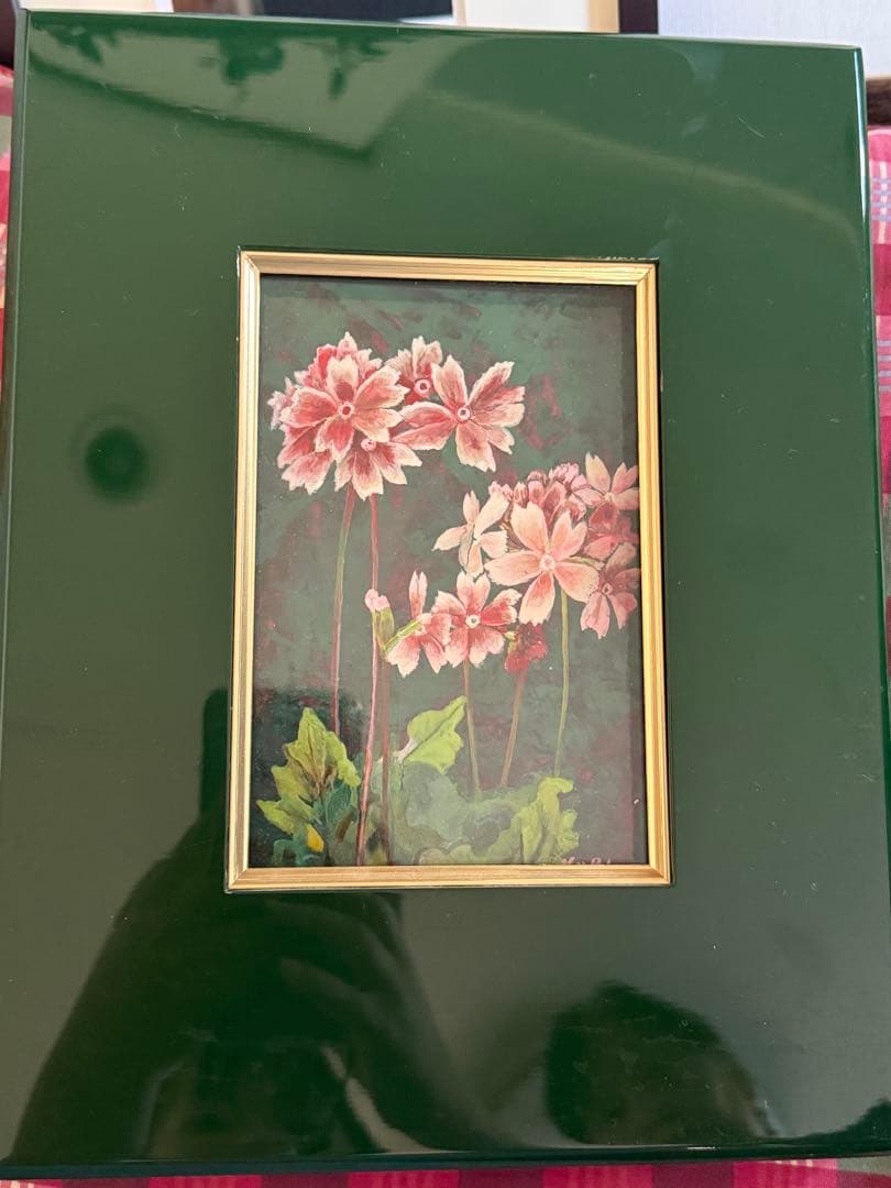 油彩画 花 ピンク ダークグリーン