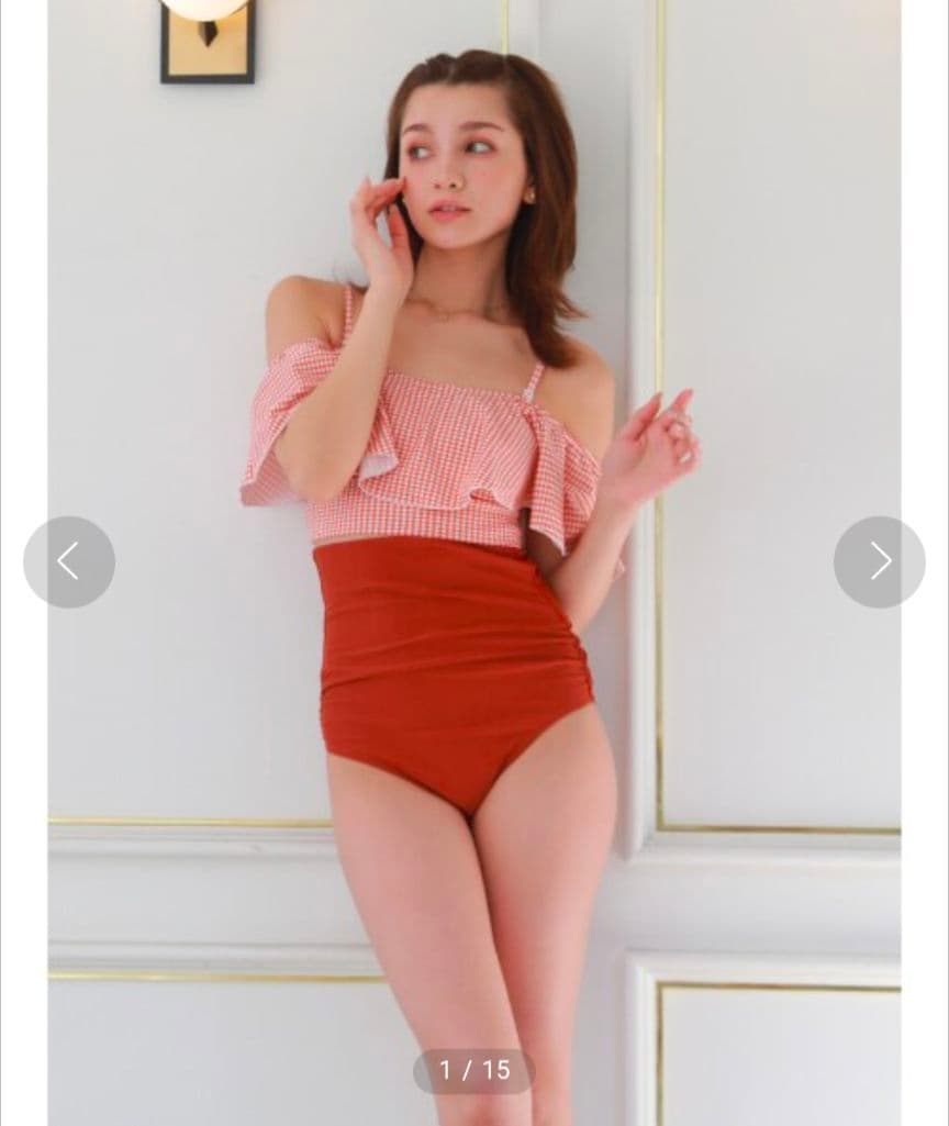 ピークアンドパイン　ギンガムチェックオフショルダーワンピ見えビキニ