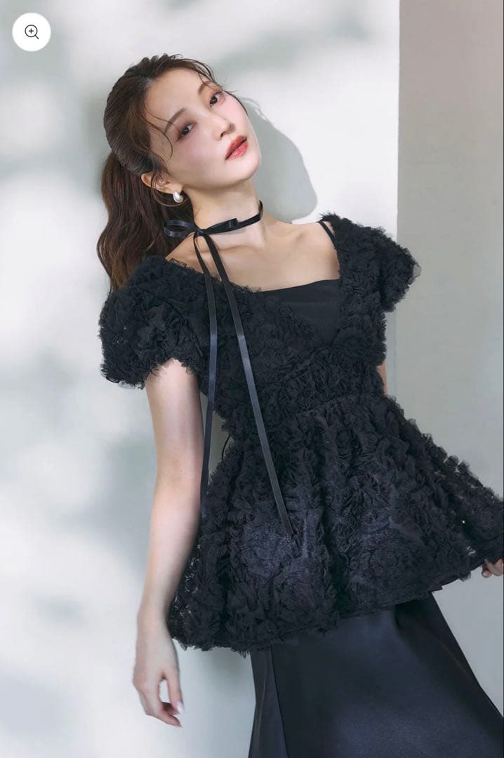 polaura ポローラ フラワーペプラムバックリボンチュニック　black