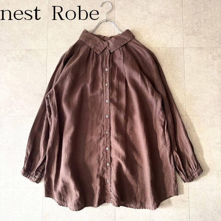 極美品✨️ネストローブ リネン100%ギャザー長袖シャツ F 茶色 貝ボタン