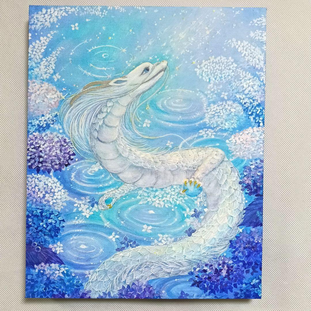 No.509 F3キャンバス 原画 龍神絵画 白龍 紫陽花 開運絵画　立体アート