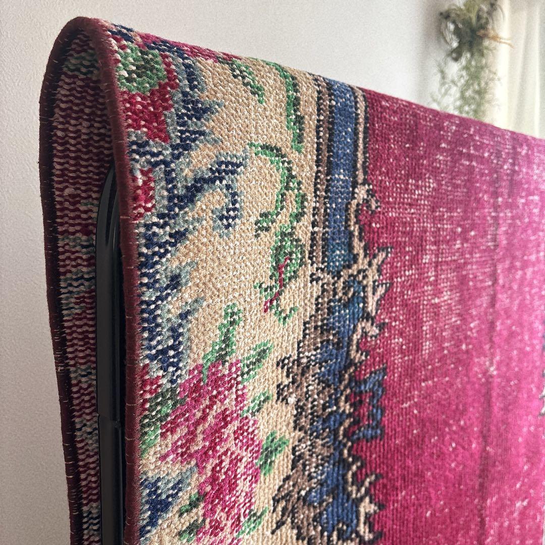 トルコ　ヴィンテージラグ　フローラル　ワインレッド　ブルー