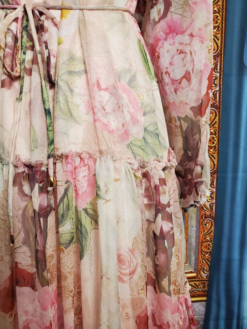 フリー【新品インポートセレクト】花柄シフォンティアードワンピースピンク