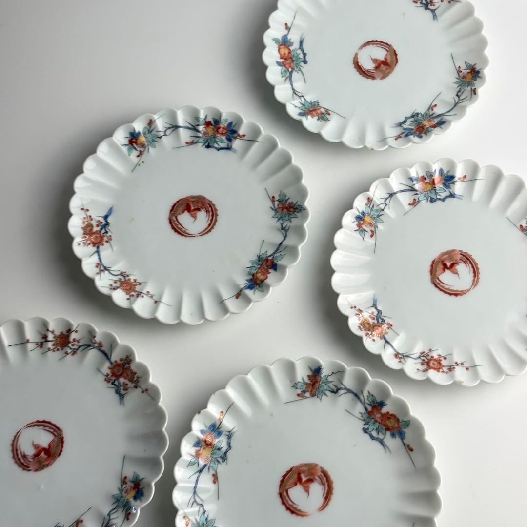 柿右衛門 写し 色絵 柘榴鳳凰図菊型皿 五客 丸皿 骨董 皿