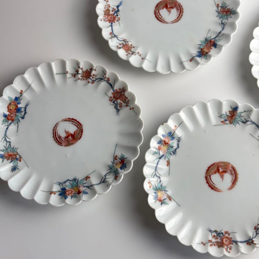 柿右衛門 写し 色絵 柘榴鳳凰図菊型皿 五客 丸皿 骨董 皿