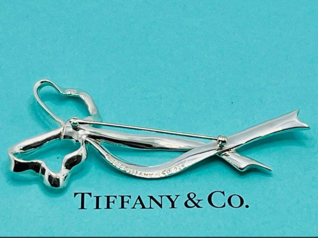 h405 美品　オールドティファニー　リボンボウ　ラージサイズ　ブローチ　925