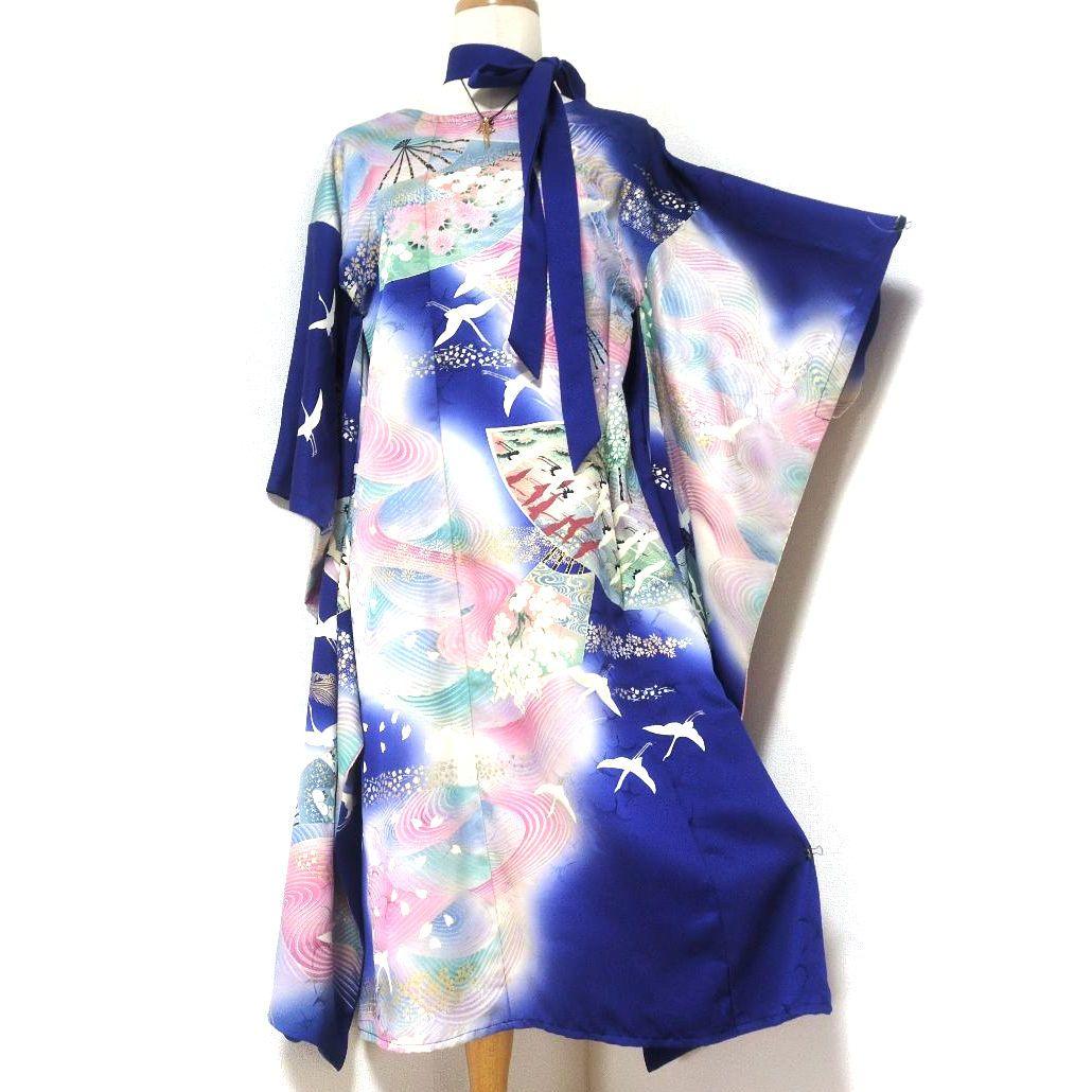 SALE☆正絹 作家物 桔梗になないろ鶴 振袖リメイク羽袖ドレス*