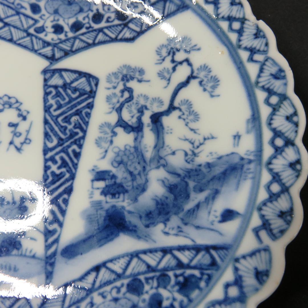 小皿 5枚 松 梅 変わり縁 輪花 印判 染付 明治 大正