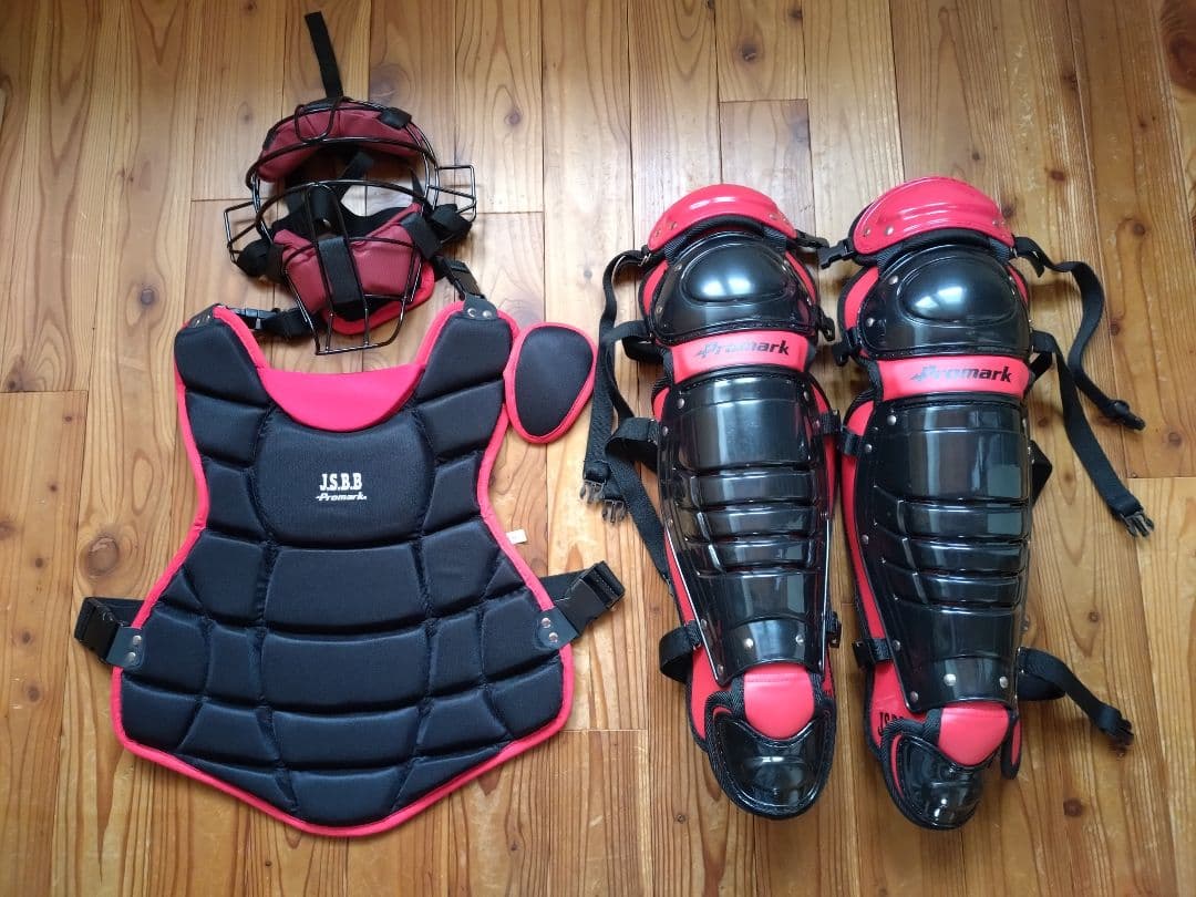 一般軟式用キャッチャー防具一式プロマーク黒/赤