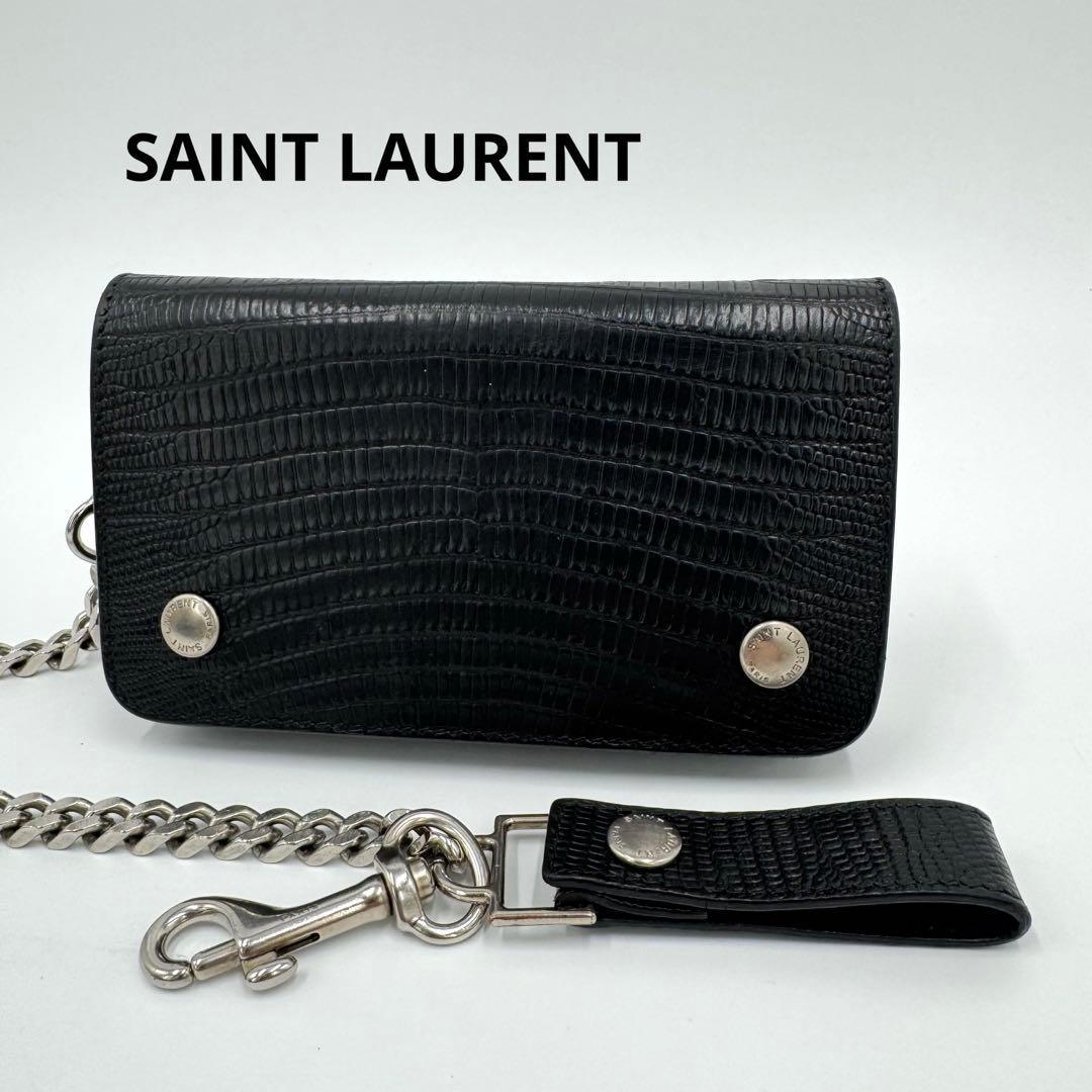 サンローラン トラッカー ウォレット チェーン レザー クロコ型押し 財布 黒